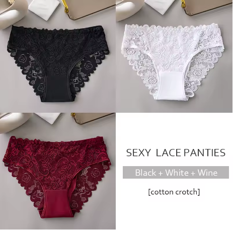 Set di 3 Slip in Pizzo Sexy β Black + White + Wine