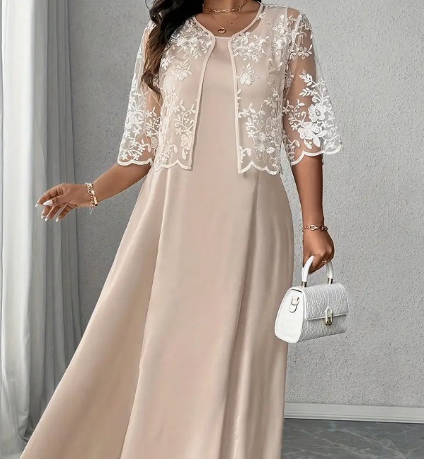 Abito Lungo da Cerimonia con Coprispalle in Pizzo