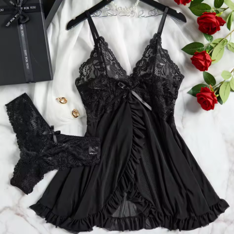 Completo Lingerie in Pizzo Nero – Babydoll & Slip Coordinati 🖤
