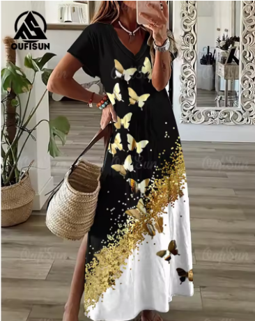 ✨ Abito lungo elegante nero e bianco con farfalle dorate ✨