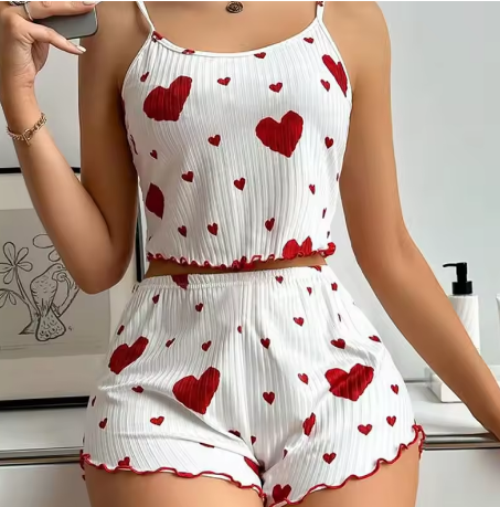 β¨ Completo Pigiama Due Pezzi β Cuori Rossi β¨