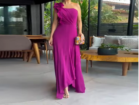 💜 Abito Lungo Elegante Monospalla – Viola Orchidea 💜