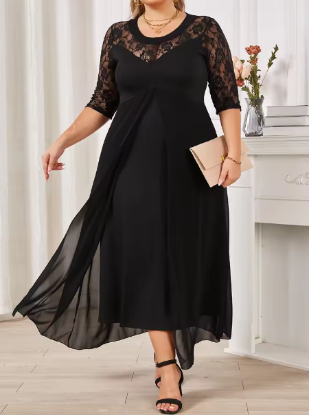 ✨ Abito Elegante Nero in Pizzo e Chiffon ✨