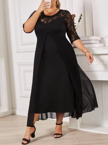 ✨ Abito Elegante Nero in Pizzo e Chiffon ✨