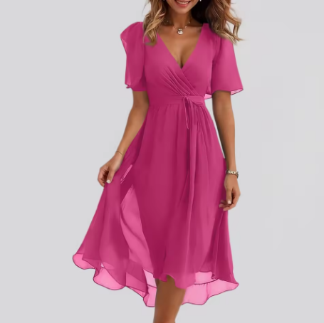 Abito midi elegante con scollo a V – Rosa Fucsia