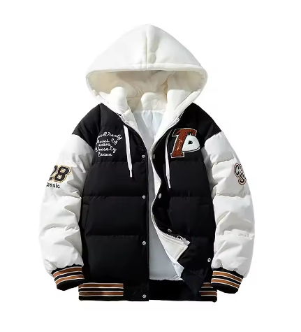 Giubbotto invernale stile college con cappuccio