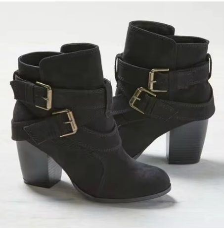 Stivaletti donna con tacco e fibbie – Nero