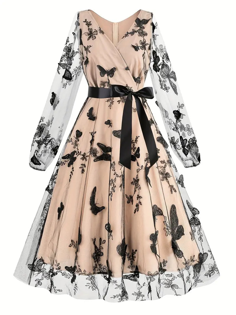 🦋 Abito Midi Elegante in Tulle Ricamato con Farfalle 🌸