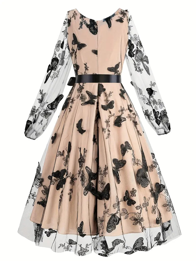 🦋 Abito Midi Elegante in Tulle Ricamato con Farfalle 🌸