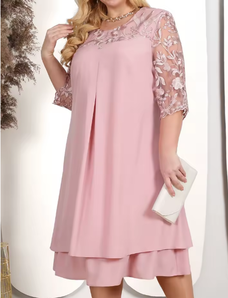 Abito elegante donna curvy con maniche in pizzo floreale