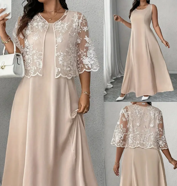 Abito Lungo da Cerimonia con Coprispalle in Pizzo