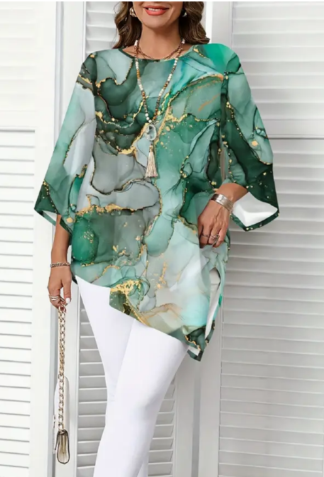 🌿 Blusa Elegante in Stile Marmorizzato Verde 🌿