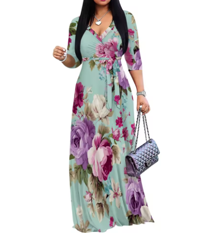 🌸 Abito lungo floreale con scollo a V e maniche 3/4 🌸