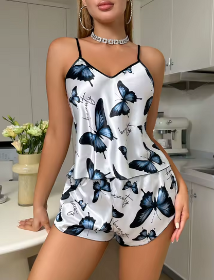 Completo Pigiama Donna – Canotta & Shorts in Raso con Stampa Farfalle