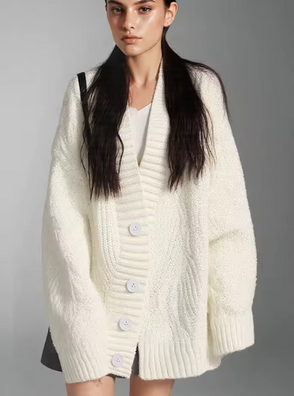 Cardigan Oversize Donna – Maglia a Bottoni Bianco Panna