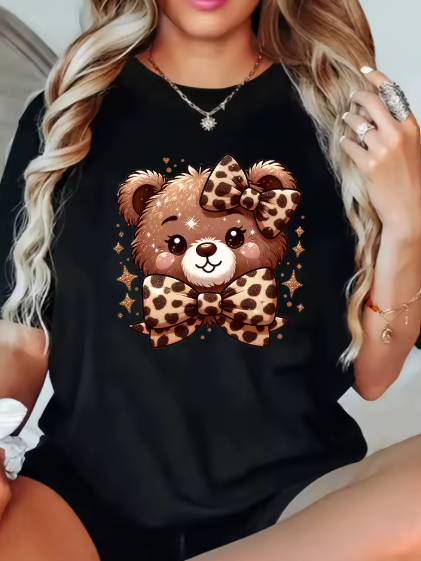 👕 T-shirt Plus Size Donna Nera 🐻 con Orsetto & Fiocco Leopardato – Dolce & Stilosa