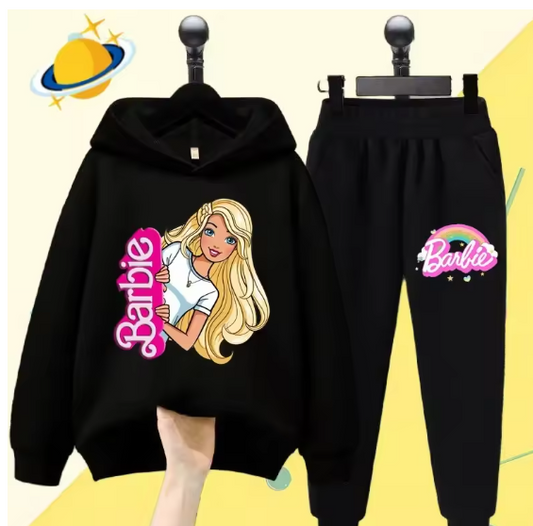 🌈 Completo Bambina Barbie – Felpa con Cappuccio & Pantaloni Neri