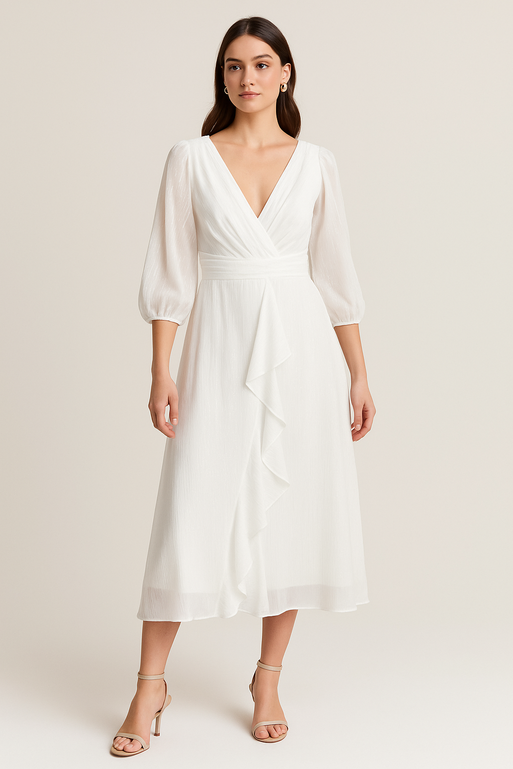 ✨ Abito bianco elegante midi con maniche a sbuffo ✨