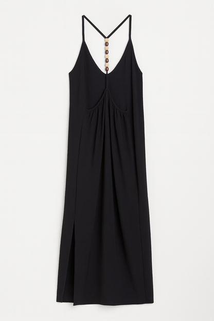 🌸 Vestito lungo nero elegante con dettagli in perle di legno 🌸