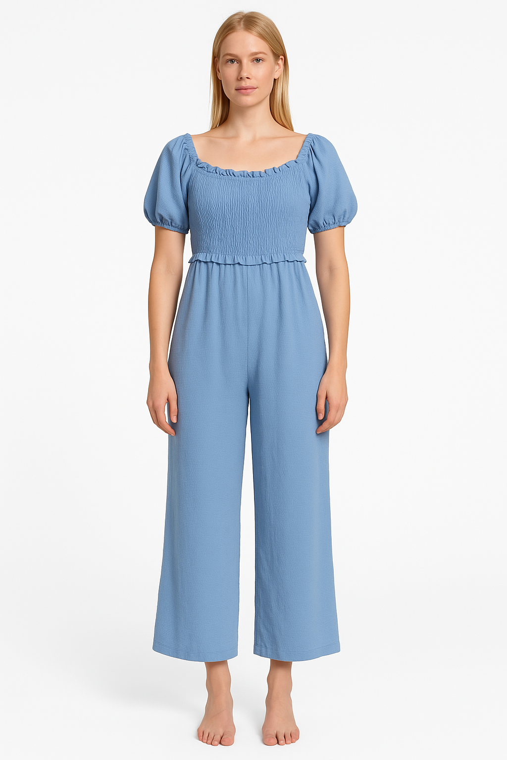 🌸 Tuta estiva azzurra con scollo arricciato 🌸