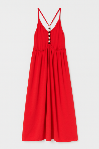 ✨ Abito lungo rosso con schiena scoperta e dettagli con palline ✨