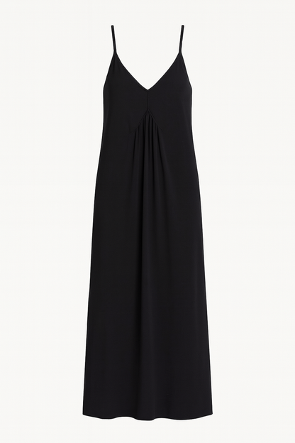 🌸 Vestito lungo nero elegante con dettagli in perle di legno 🌸