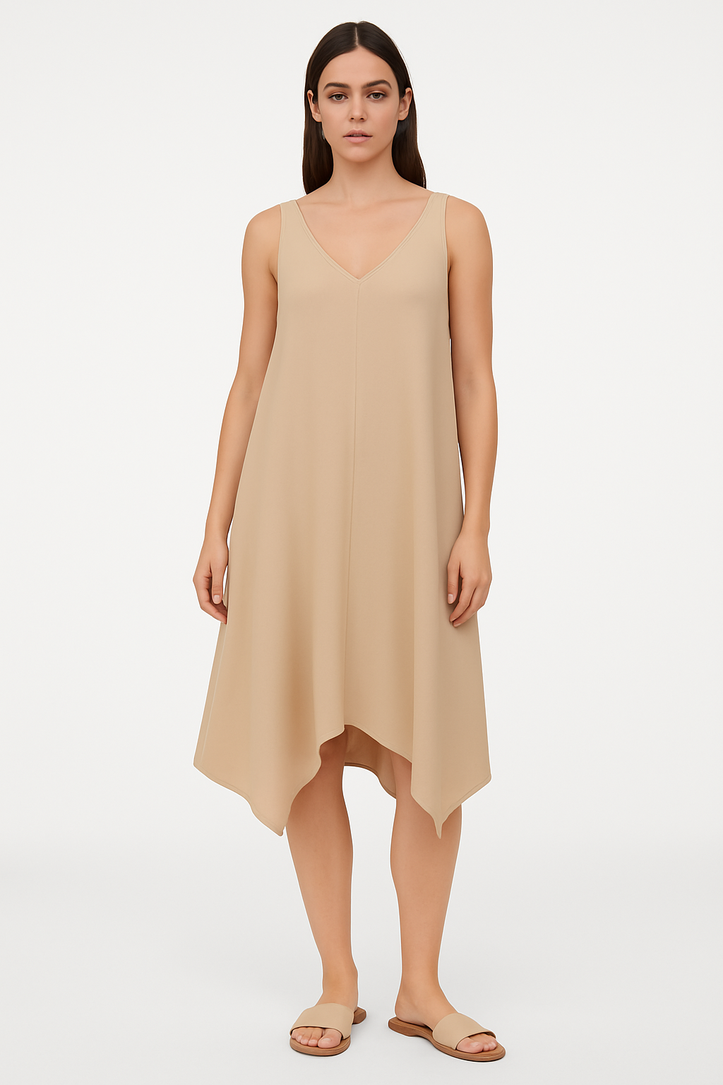 Abito smanicato in tessuto leggero color beige