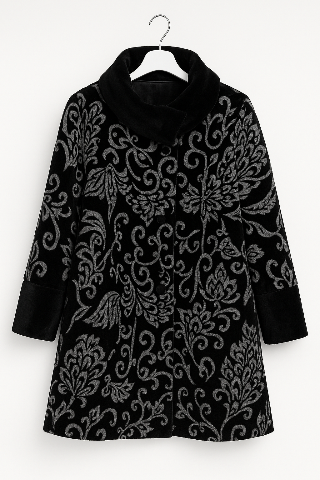 Cappotto elegante in velluto nero con motivo floreale grigio