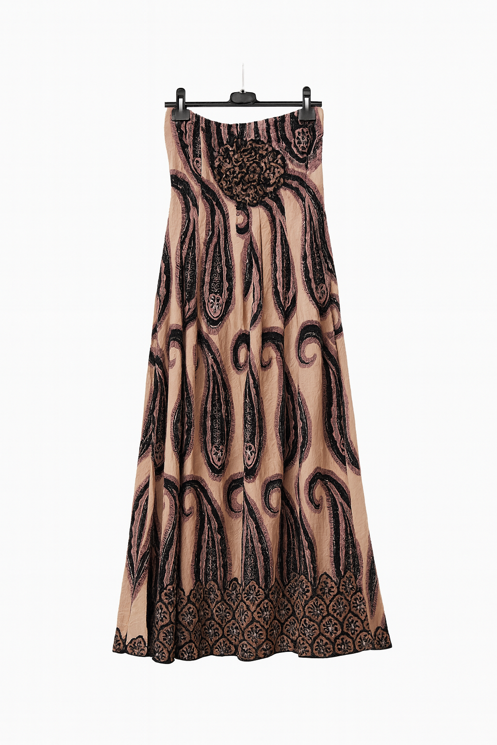 Vestito lungo senza spalline beige con fantasia paisley nera