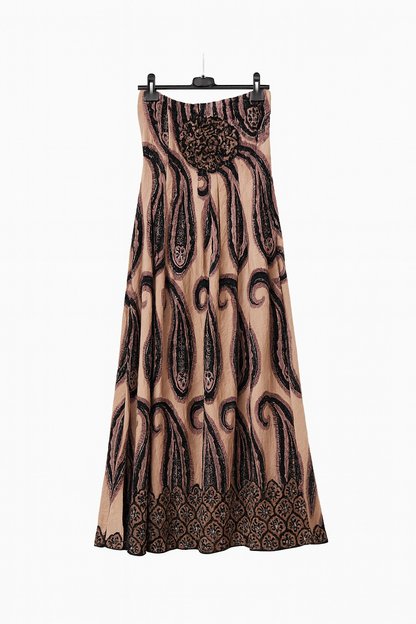 Vestito lungo senza spalline beige con fantasia paisley nera