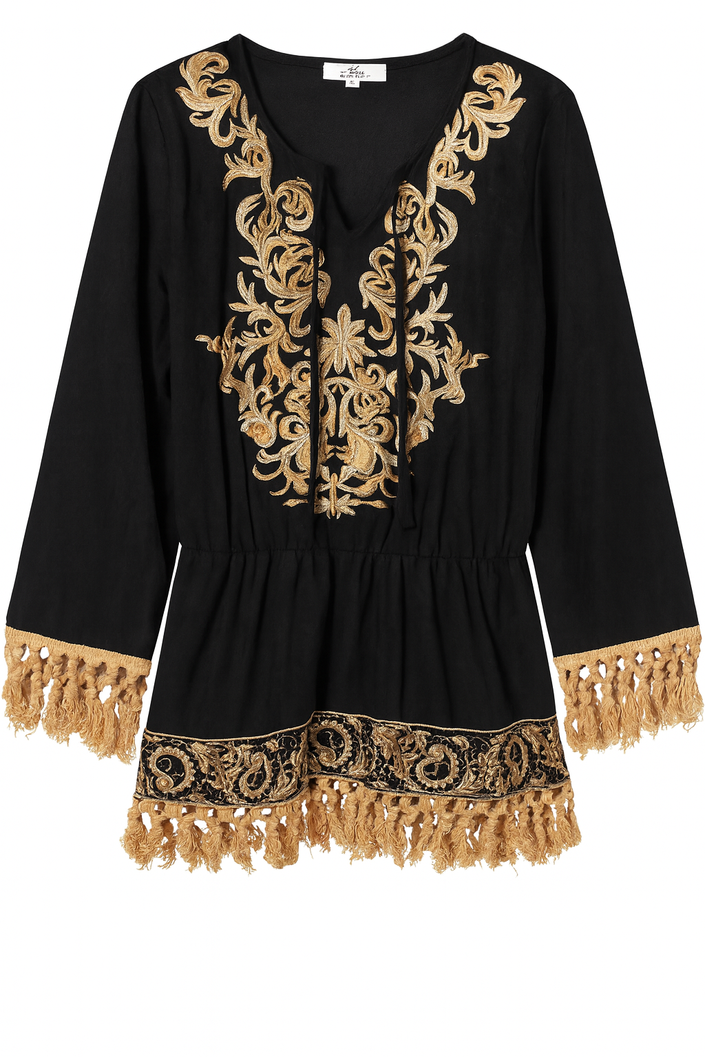 Blusa boho chic nera con ricami dorati e frange