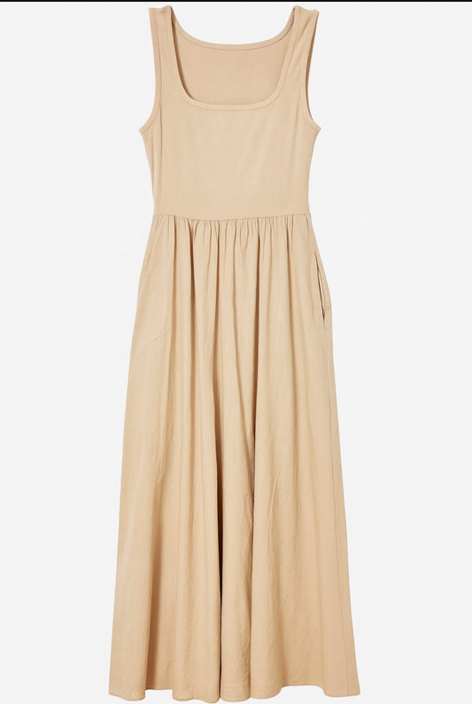 Abito Lungo Senza Maniche in Cotone Beige