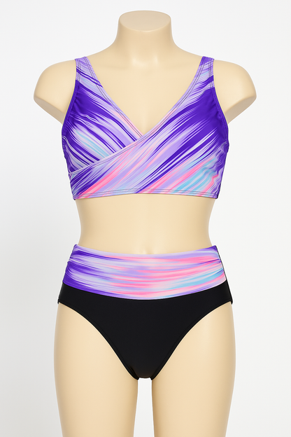 🌸 Bikini due pezzi donna – Fantasia viola/rosa con slip a vita alta 🌸