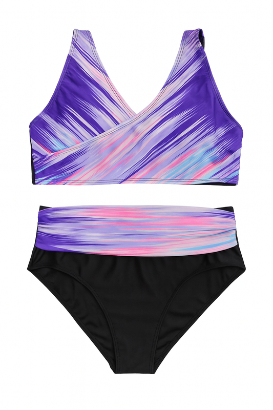 🌸 Bikini due pezzi donna – Fantasia viola/rosa con slip a vita alta 🌸